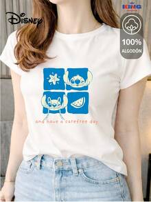 Made From 100% High-Quality Cotton, This T-Shirt Guarantees Exceptional Softness To The Touch, With A Round Neck, "Disney Stitch & Angel Carefree Day" Print, And Short Sleeves. - 白色 - 查看 1