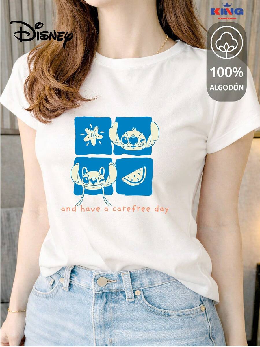 Made From 100% High-Quality Cotton, This T-Shirt Guarantees Exceptional Softness To The Touch, With A Round Neck, "Disney Stitch & Angel Carefree Day" Print, And Short Sleeves. - 白色 - 查看 1