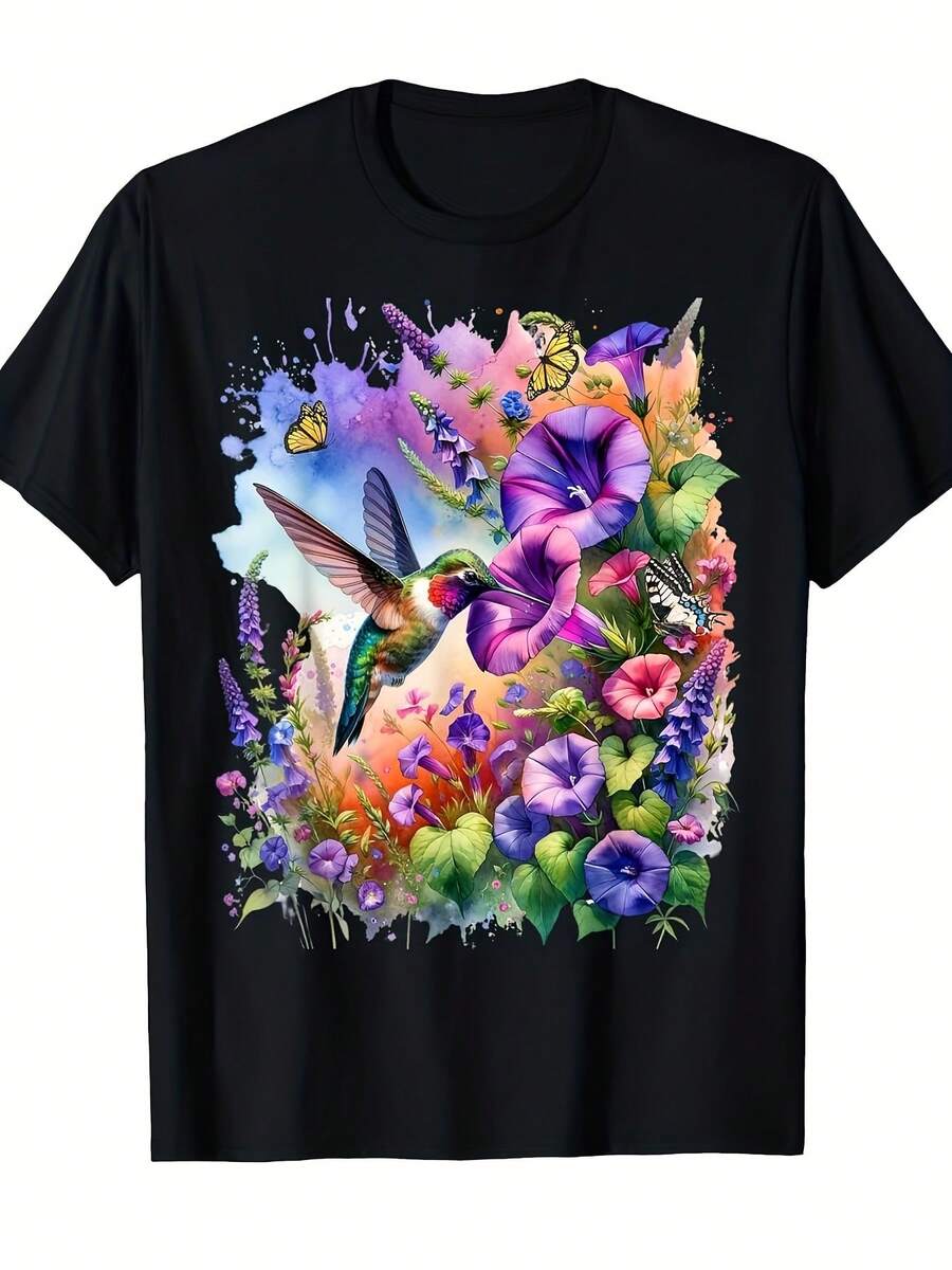 Camiseta de hombre con estampado de colibrí de garganta roja y mariposa de flores silvestres - Camiseta de estilo callejero vintage con estampados florales brillantes y coloridos, suave y transpirable, de manga corta y cuello redondo, adecuada para salidas informales, disponible en tallas grandes y extra grandes. - Negro - Ver 1