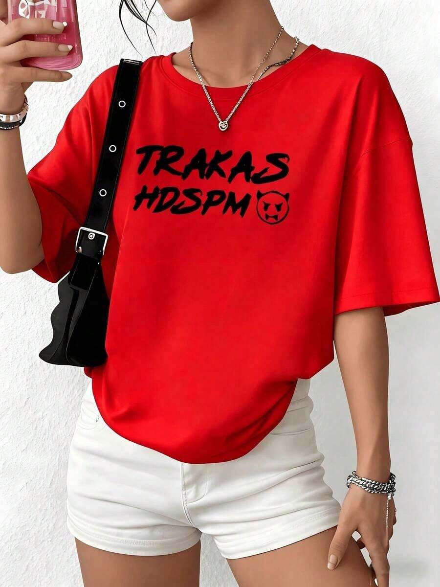 100% Cotton. Text In Dark Letters That Convey Strength And Attitude With A Small Fierce Face Symbol Transmitting Energy And Rebellion. Women's T-Shirt, 100% Cotton, 220g. Women's Simple Solid Color T-Shirt, Loose And Slim Fit Casual Short Sleeve - 紅色的 - 查看 1