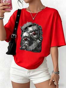 100% Cotton. Theatrical Masks Symbolizing The Duality Between Smiling At Life And Crying In Private, Reflecting Deep Human Emotions. Women's 100% Cotton Simple Solid Color T-Shirt, Loose And Slim Fit Casual Short Sleeve - 白色的 - 查看 9