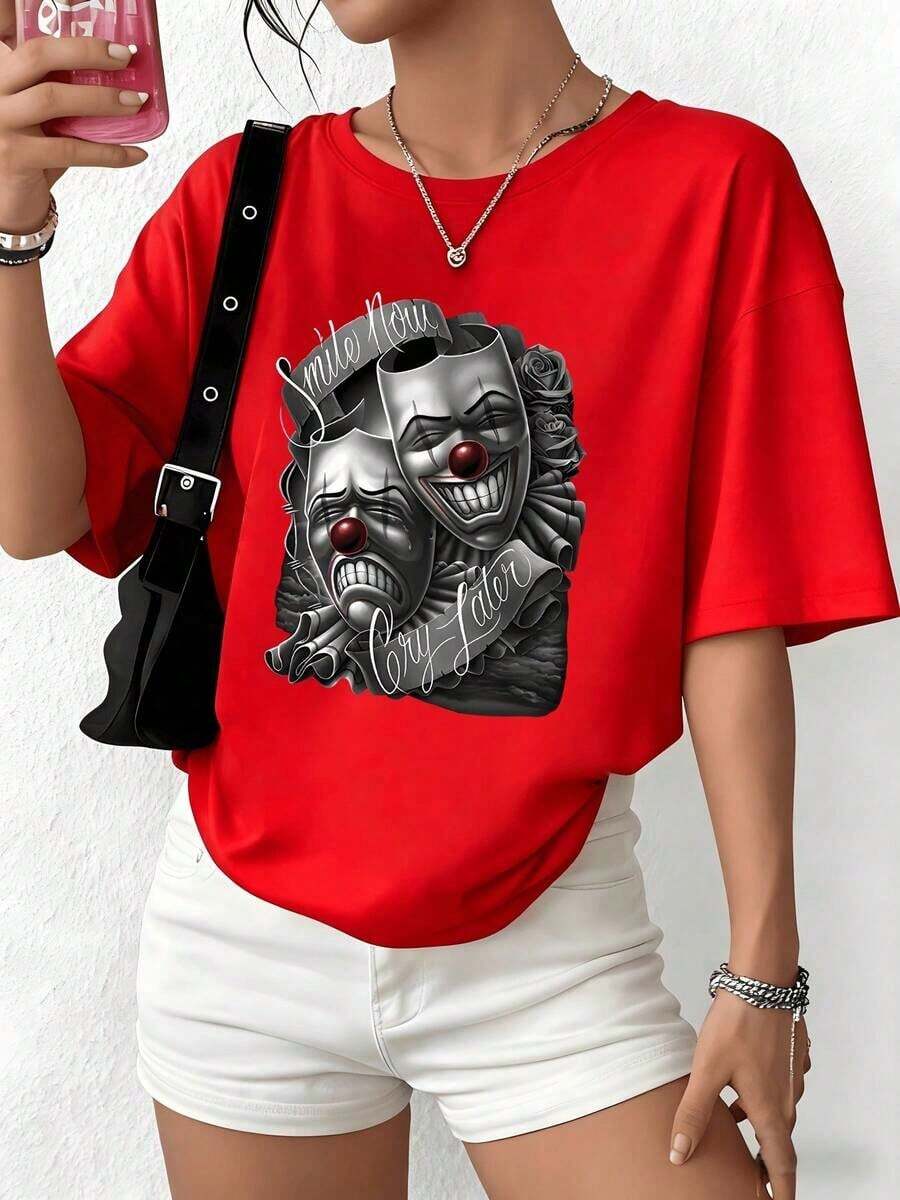 100% Cotton. Theatrical Masks Symbolizing The Duality Between Smiling At Life And Crying In Private, Reflecting Deep Human Emotions. Women's 100% Cotton Simple Solid Color T-Shirt, Loose And Slim Fit Casual Short Sleeve - 紅色的 - 查看 1