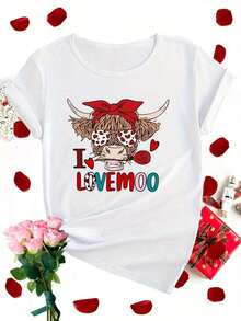 Valentine's Day T-Shirt, Short Sleeve, Round Neck, Casual Top For Summer And Spring, Women's Clothing, Women's T-Shirts - 黑色 - 查看 8