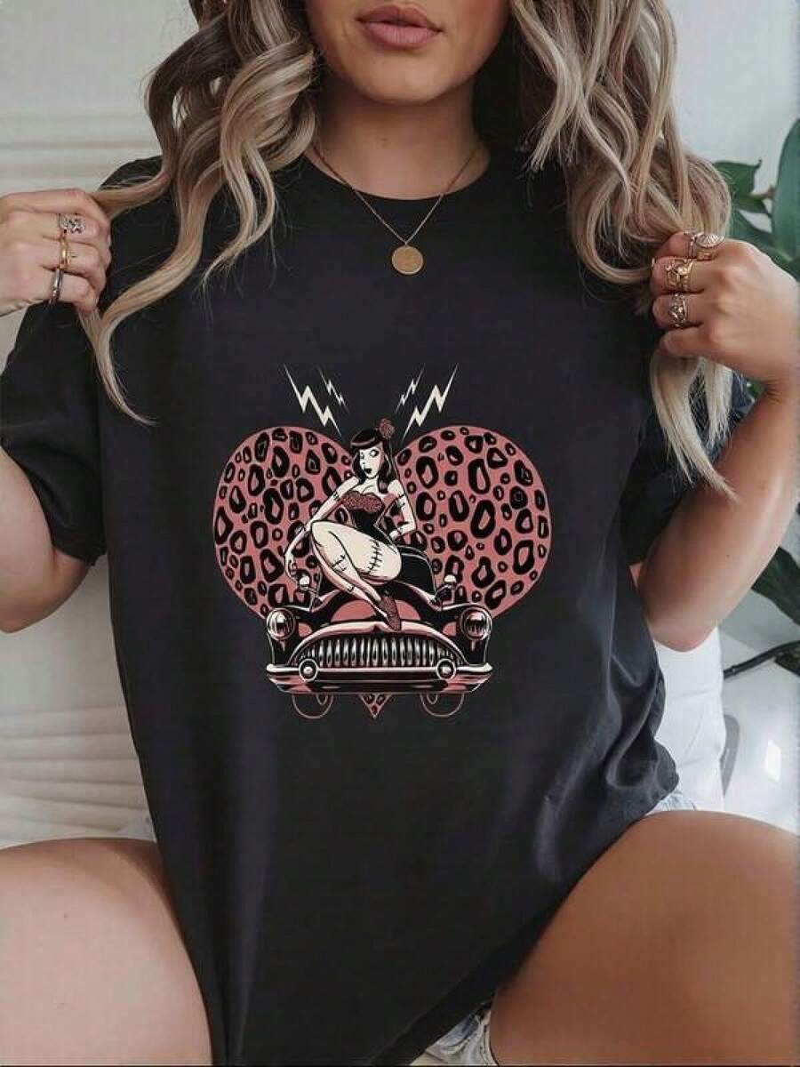 New 2026 Women's T-Shirts, Retro Rockabilly Black T-Shirt With Classic Car Print And Leopard Background For Vintage Urban Style, Sizes S/M/L/XL, Casual Youth Fashion - 黑色 - 查看 1