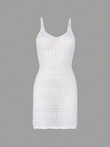 Vestido corto de verano blanco sin mangas con abertura lateral transparente y calado para mujer, ideal para vacaciones y playa - Blanco - Ver 8