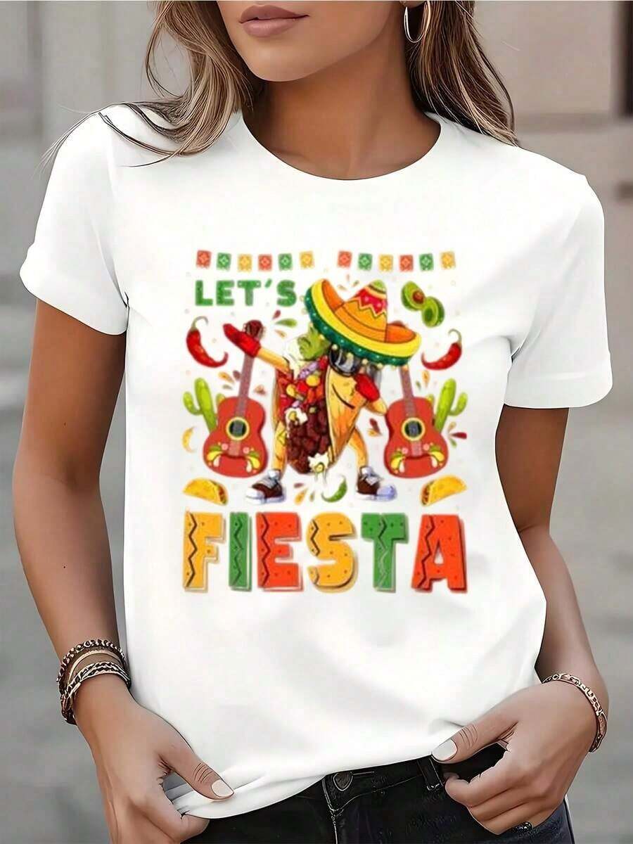 TrendyWomen's Let's Fiesta Short-Sleeved T-Shirt With A Round Neck And Cactus And Guitar Print, Featuring A Mexican Theme, Ideal For Casual Wear, Perfect For Cinco De Mayo, With Comfortable Fabric, Suitable For Gifting And Everyday Use. - 白色 - 查看 1