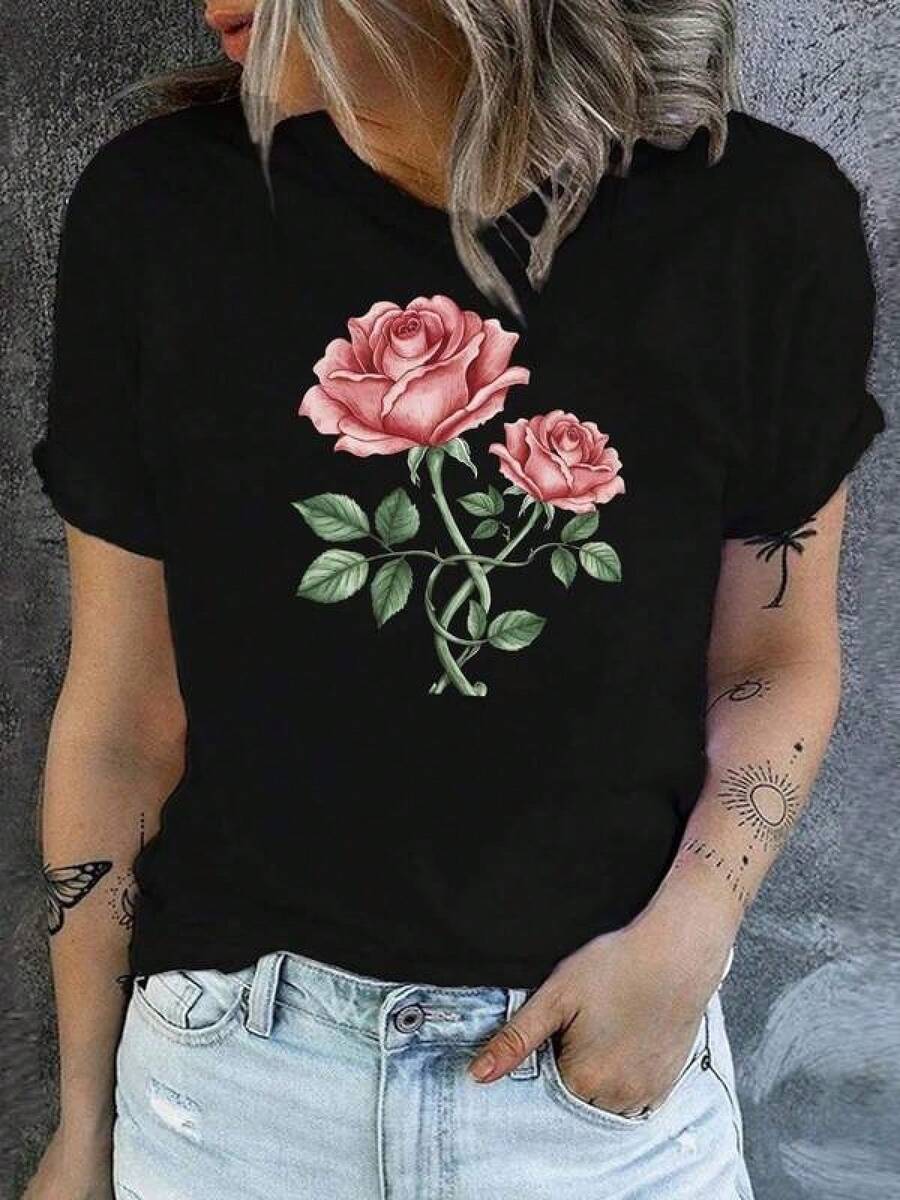Camisetas Para Mujer AlgodónCamiseta rosa romántica con estampado de flores, camiseta casual de manga corta, cómoda y moderna perfecta para mujeres jóvenes, disponible en varios colores, estilo versátil para uso diario, camiseta de moda,  actual para primavera y verano. mundial 2026 - Negro - Ver 1