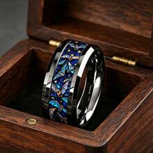 8mm Steel Color Tungsten Carbide Beveled Edge Ring, Painted Glass Style Bat And Starry Night Sky Pattern, Gothic Dark Style Personalized Ring, Comfortable Fit Unisex Jewelry, Suitable As A Gift For Gothic Style Enthusiasts - Silver - View 14