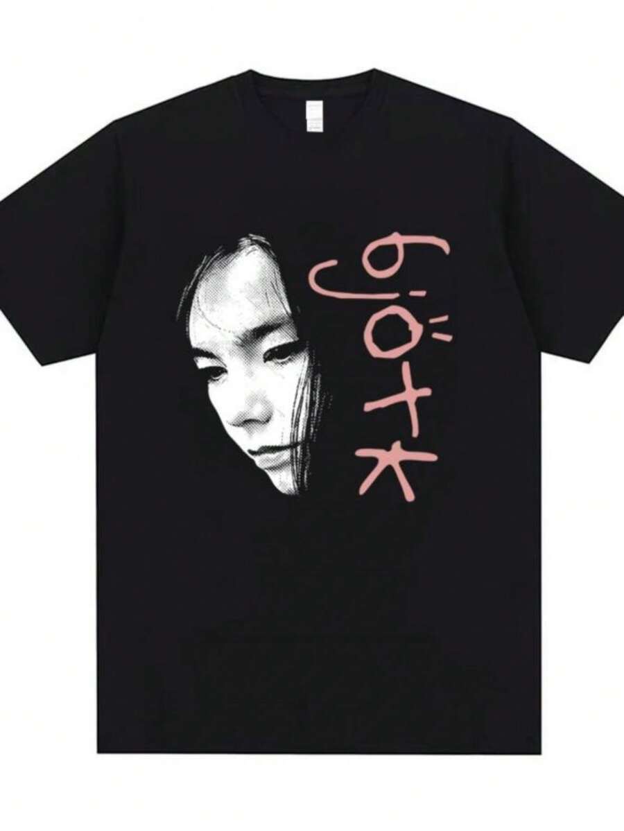 blusas para mujer Bjork Face Graphic T-shirt Men Women Fashion Vintage Short Sleeve T Shirts Unisex Casual Cotton Oversized T-shirts Streetwear - Negro - Ver 1