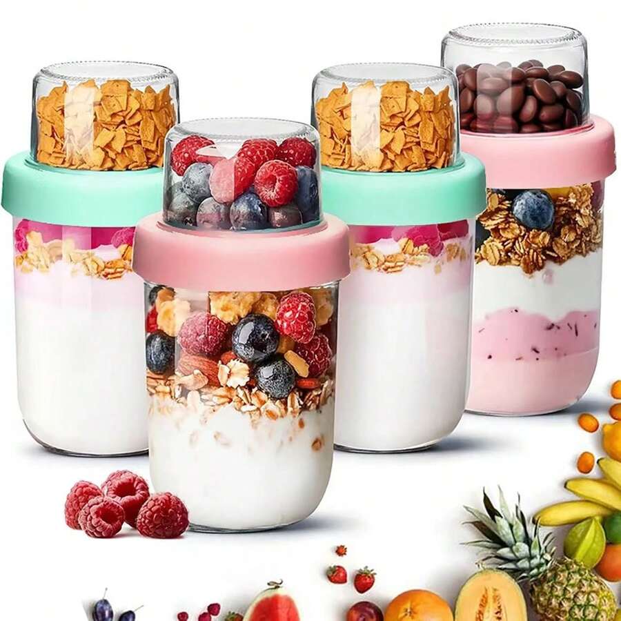 Glass Overnight Oats Jars With Lids - Double-Wall Chia Seed Pudding Containers Suitable For Yogurt Parfait, Meal Prep, Dry/Wet Separation Lid, Screw, Round Jars For Cereal, Nuts, Fruit Storage (8oz+4oz/16oz+4oz) - Xem 1