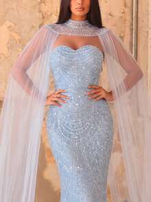 Faeriesty Bộ váy dạ hội và đầm dự tiệc sang trọng kiểu đuôi cá không dây vai, đính hạt cườm, kèm áo choàng lưới liền thân, gồm 2 món. - Màu xanh nhạt - Xem 5