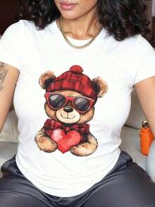 Women's 100% Cotton Casual T-Shirt With Bear Print Wearing A Plaid Hat And Sunglasses Holding A Heart, Fun Round Neck, Ideal For A Romantic Date Gift, Fashionable Summer Cotton T-Shirt - 白色 - 查看 7