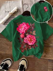 Women's Plus Size Short Sleeve T-Shirt With Round Neck, Loose Fit, Casual - 深綠色 2 - 查看 3
