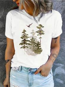 Pure Cotton T-Shirt, Casual And Simple, With An Abstract Print Of An Eagle Flying In The Forest, Short Sleeve T-Shirt With Round Neck And Breathable Print, Casual Sports T-Shirt, New Short Sleeve T-Shirt For Women Summer, Plain White T-Shirt. - 白色 - 查看 3
