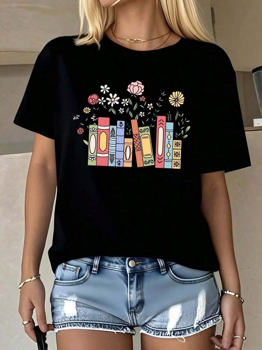 Camiseta de Mujer con Estampado de Libro y Flores, Diseño 'Solo Un Capítulo Más', Cuello Redondo, Corte Holgado, Cómoda, Transpirable, de Algodón, Informal, para Uso Diario y Amantes de la Lectura, Regalo Perfecto - Negro - Ver 1