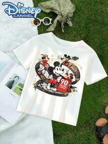 Disney Casual Style Men's T-Shirt Disney Mickey Mouse 90 Years Magic Anniversary Design Summer Wear For Kids And Family Gifts - trắng - Xem 2