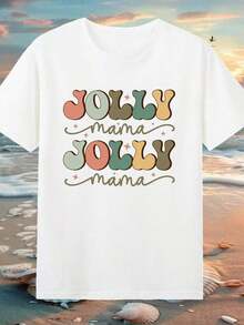 1 Piece Of White Short-Sleeved Casual T-Shirt With The Slogan 'Jolly Mama' For Unisex, With Round Neck And Regular Hem, In Slightly Elastic Material, Unisex T-Shirt Of 180g, 100% Cotton. - 白色 - 查看 6