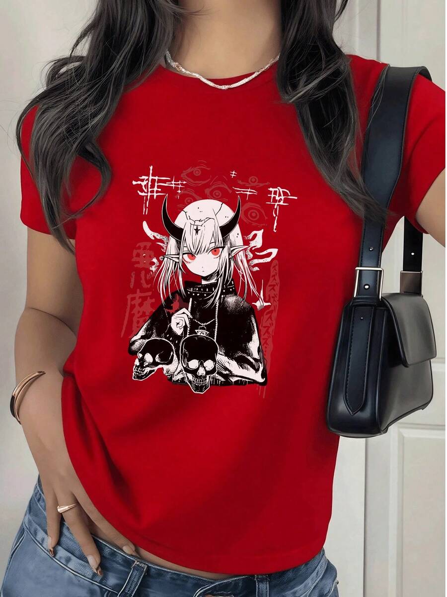 Fashionable Women's T-Shirt, Women's Printed T-Shirt With Graphic Design Of Anime Girl With Horns And Skulls, Casual Style 180g And Modern For Daily Use. - 紅色 - 查看 1