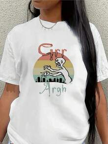 Camiseta de manga corta ligera y duradera, con un diseño de fantasma y atardecer, perfecta para salidas informales en casa o en restaurantes, con un divertido estampado de "Grr Argh".blusa casual mujer - Blanco - Ver 7