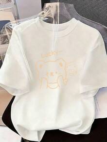 Beige Line Teddy Bear T-Shirt With "Lucky~" Text, Fashionable Short-Sleeved T-Shirt For Spring And Summer 2026, Made In Mexico, 180 Grams. Cartoon Print, Couple Design, Suitable For Indoor Or Outdoor Wear. Crew Neck, Unisex, Ideal For Office And Leisure. One-Pack. - WH-P631577SLNDXZGY655 - 查看 2