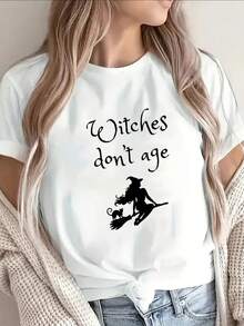Camiseta de Manga Corta de Poliéster con Estampado "Las Brujas No Envejecen", Diseño Gráfico, Ligera y Duradera, Ideal para Fiestas de Halloween, Uso Casual o Decoración del Hogar, Ajuste Cómodo para Uso Diario - Blanco - Ver 1