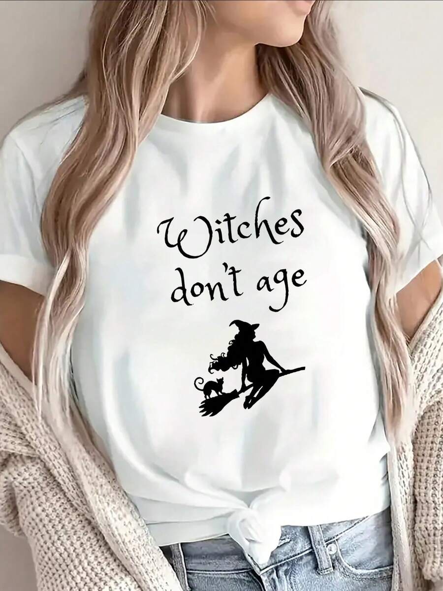 Camiseta de Manga Corta de Poliéster con Estampado "Las Brujas No Envejecen", Diseño Gráfico, Ligera y Duradera, Ideal para Fiestas de Halloween, Uso Casual o Decoración del Hogar, Ajuste Cómodo para Uso Diario - Blanco - Ver 1