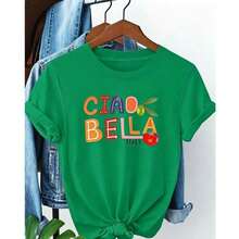 Women's Casual Summer T-Shirt, Basic Pure Cotton, Plus Size - CIAO BELLA ITALY Graphic Print, Women's Plus Size Short Sleeve Crew Neck Casual T-Shirt For Summer And Spring, Women's Clothing - 綠色 - 查看 1