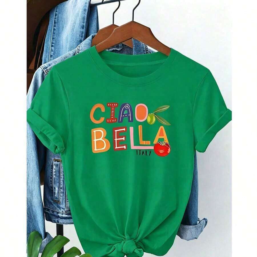 Women's Casual Summer T-Shirt, Basic Pure Cotton, Plus Size - CIAO BELLA ITALY Graphic Print, Women's Plus Size Short Sleeve Crew Neck Casual T-Shirt For Summer And Spring, Women's Clothing - 綠色 - 查看 1