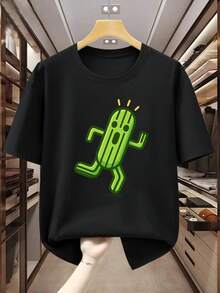 Camiseta de manga corta para hombre de talla grande, 100% algodón, diseño de cactus dinámico de dibujos animados, camiseta cómoda e informal de manga corta para el verano - Negro - Ver 1