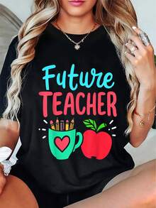Camiseta Deportiva Casual para  Futura Maestra con Texto Colorido - Elástica y de Cuello Redondo, Lavable aáquina, Ajuste Cómodo para Todas las Estaciones, Perfecta para Maestras y Estilo Casual. - Negro - Ver 6