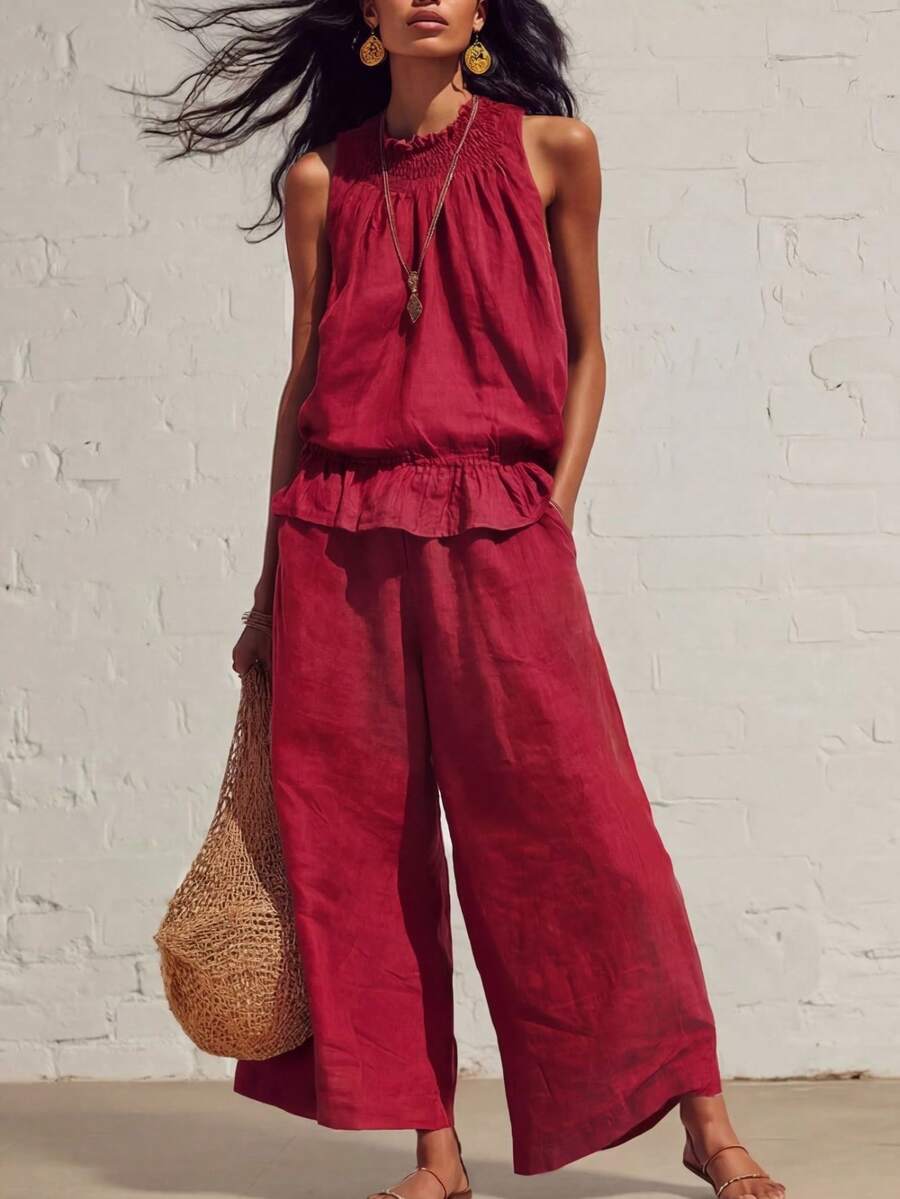 Nuevo conjunto de dos piezas de lino y algodón de estilo bohemio retro con volantes - Burdeos - Ver 1