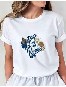 Camiseta Deportiva Casual para Mujer de Cuello Redondo Blanca con Texto Azul y Dorado y Diseño de de Caballo --Shirt Elástica, Lavable aáquina, Ajuste Cómodo y Perfecta para Todas las Estaciones. - Blanco - Ver 7