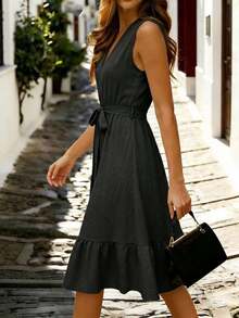 Vestido de mujer con cuello en V sin mangas y cintura ceñida, elegante y elegante para negocios, oficina, exteriores, viajes, vacaciones clásicas y casuales, romántico, fiesta, playa, estilo urbano chic, uso diario, vestido midi con cintura anudada y escote en V profundo sin mangas - Albaricoque - Ver 9