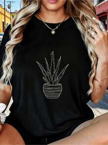 ¡Oferta por tiempo limitado, unidades limitadas,  relámpago! Camisas casuales para mujer, camisetas de poliéster para mujer, camisas elegantes. Camiseta de manga corta y cuello redondo para mujer con estampado de cactus en maceta – Blusa casual de primavera/verano – Top de poliéster lavable a máquina – Prenda ideal para climas cálidos – Moda de temporada – Diseño retro – Ajuste cómodo - Negro - Ver 2