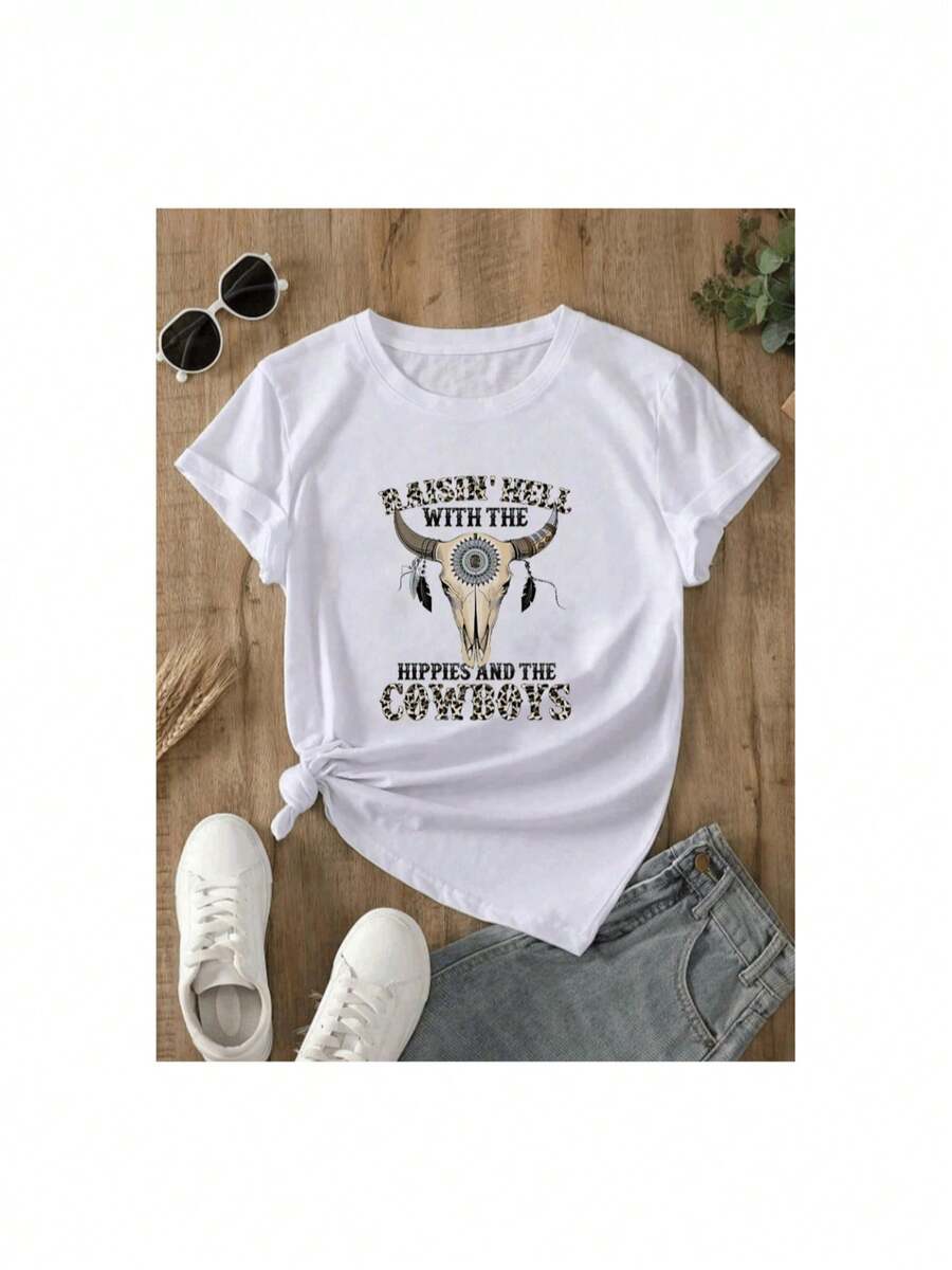 Camiseta deportiva informal de manga corta para mujer con pendientes de cabeza de vaca y estampado de letras del alfabeto - [Blanco] - Ver 1
