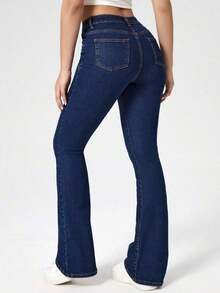 Jeans de mezclilla casual con bolsillo frontal y cierre de botones, para uso diario - Azul lavado oscuro 2 - Ver 5