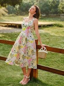 xheVintamour Vestido elegante vintage de mujer con bolsillos, vestido con estampado floral, cuello en forma de corazón, vestido casual de vacaciones, vestidos de verano para mujer, conjuntos de vacaciones de verano, atuendos de primavera para mujer, vestidos de primavera para mujer, ropa de primavera para mujer, atuendos de vacaciones de primavera, ropa de primavera para mujer, vestidos elegantes para fiestas, vestidos elegantes para fiestas para mujer, vestido de invitada de boda, vestido de fiesta de boda, vestido de graduación, vestidos elegantes para ceremonias, vestidos elegantes para mujer, vestido formalxhe - Rosa Pálido - Ver 2