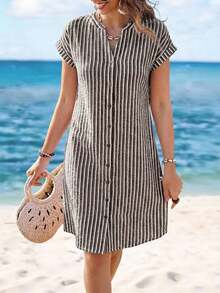 xheSylviya Vestido camisero de verano para mujer, de manga corta, cuello en V y rayas, hasta la rodilla, vestidos de verano para mujer, vacacionesxhe - Blanco y Negro - Ver 7