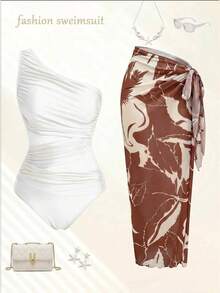 Traje de baño de una pieza con pliegues de unicolor con pareo y falda a juego, perfecto para vacaciones - Multicolor - Ver 1