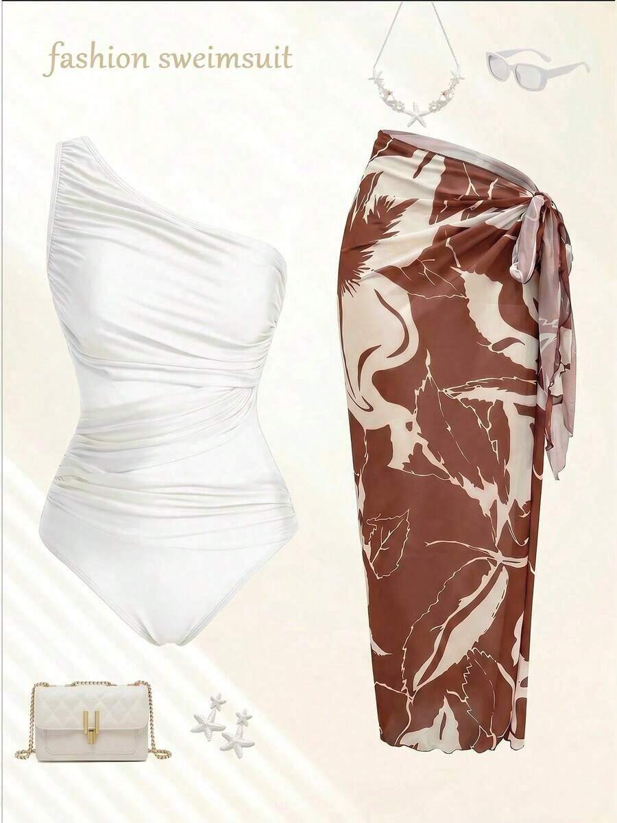 Traje de baño de una pieza con pliegues de unicolor con pareo y falda a juego, perfecto para vacaciones - Multicolor - Ver 1