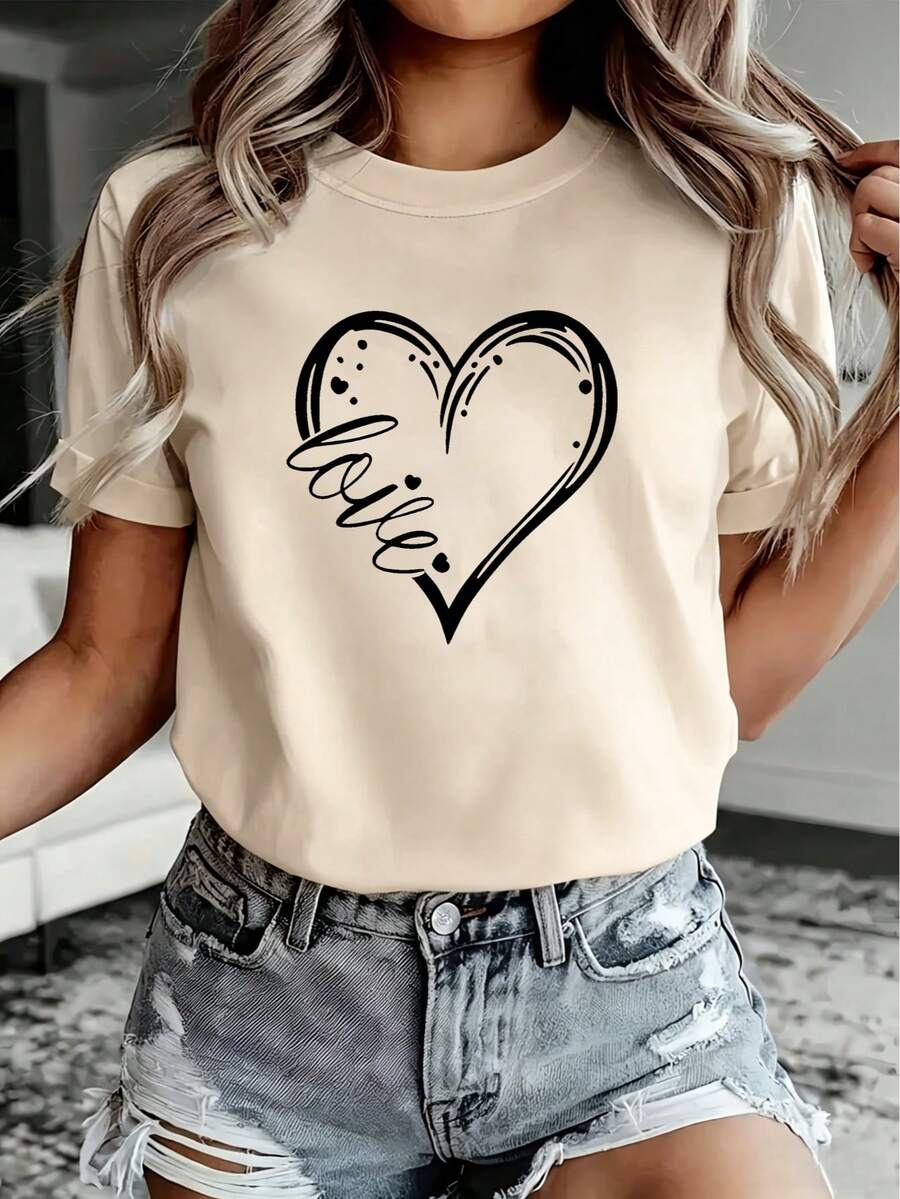 Camiseta de manga corta para mujer, de verano, con estampado de corazones, estilo informal y cuello redondo: ideal para el día a día y para las vacaciones. - Albaricoque - Ver 1