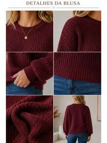 Women's Blouse Puff Sleeve Thick Round Neck Winter Knit - Red - View 4