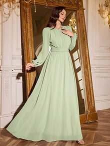 Vestido de dama de honor de manga linterna de unicolor elegante y extra largo - verde menta - Ver 7