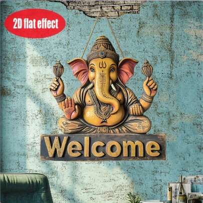 2D Flat Effect Wooden Welcome Sign - Vibrant Hindu Deity Decor With "Welcome" Plaque, Ideal For Home/Patio Decor, Spiritual Gift, Wall Hanging, Welcome Board, Spiritual Home Decor | Lively Elephant Design | Intricate Craftsmanship, Decor No Electricity Required