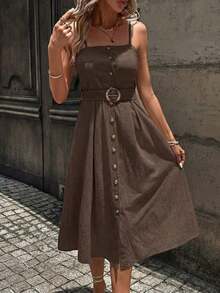 Vestido largo con paneles y cinturón para mujer - Marrón - Ver 6