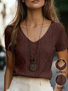 Blusa de punto ajustada con cuello en V y manga corta, color albaricoque, con detalle de trenzado, uso diario minimalista - Marrón - Ver 8