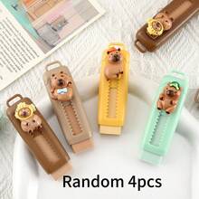 4pcs Capybara Cartoon Sliding Eraser, Cute Animal Shape Retractable Eraser With Protective Cover, Portable School Supplies For Study, Office, Drawing & Writing Correction - A - View 10