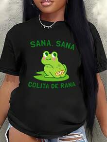 Lightweight And Durable Short-Sleeved T-Shirt, Designed With A Frog Print, Perfect For Lounging At Home Or Dining Out. It Features A Green "Sana Sana" Frog Tail Print, Ensuring A Comfortable Fit And Making It Suitable For Everyday Wear. Women's Blouses > Clothing - 黑色 - 查看 7