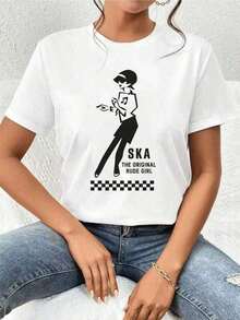 100% Cotton. Women's Casual T-Shirt With A Ska Graphic Print. Made From 100% Cotton, This Urban Hip-Hop Style T-Shirt Is Comfortable, Durable, And Features An Eye-Catching Print. It's A Simple, Solid-Color T-Shirt With A Relaxed, Fitted Cut And Short Sleeves. - 白色的 - 查看 7