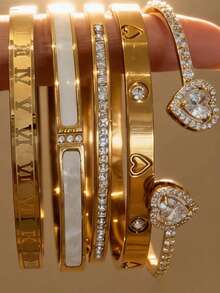 1/5件組 不鏽鋼18K金心形水鑽手鐲，銅鑲嵌立方鋯石開口式手環，女性日常珠寶節日禮物 - 金色 - 查看 1
